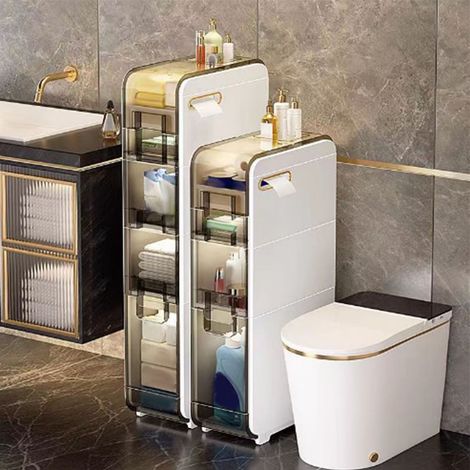 Meuble d'angle de salle de bain, étanche, blanc, grand, d'angle, pour cuisine et salle de bain, 2 roulettes, 41 x 18 x 58 cm (1/5)