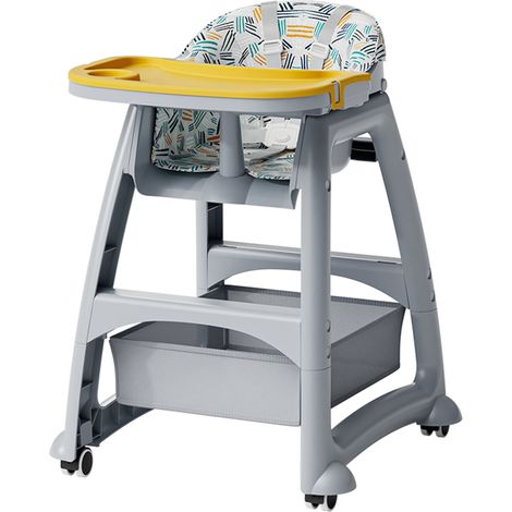 Chaise haute enfant avec 3 plateaux PP interchangeables (jaune, vert, rose) et harnais 5 points (1/5)