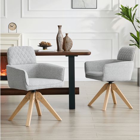 Drehstuhl für Esszimmer 360 Grad 2er Set, Gepolsterte Rückenlehne, Armlehnen, Stoff und Massivholz, Hellgrau (1/5)