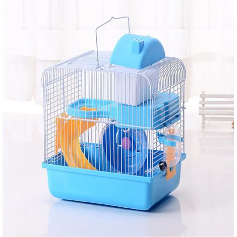 Holzkäfig für Hamster, Mäuse und kleine Nagetiere, mehrstufige Struktur, Zubehör inklusive, blau (1/4)
