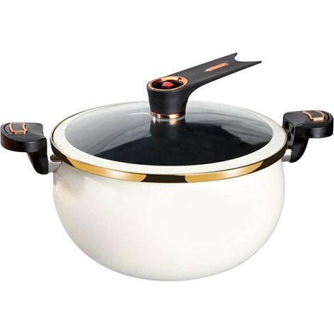 Cet autocuiseur de 8 litres convient aux plaques de cuisson, aux poêles antiadhésives et aux plaques à induction.
