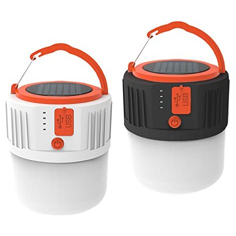 Lot de 2 lanternes solaires LED pour extérieur, rechargeables par cable USB, imperméable, avec 5 modes d’éclairage, pour camping, jardin, pêche, chasse, randonnée, tente, urgence [Classe énergétique A