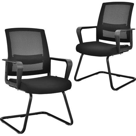 Lot de 2 chaises de conférence noires avec dossier maille respirante et soutien lombaire réglable, base luge, pour bureau et accueil (1/5)