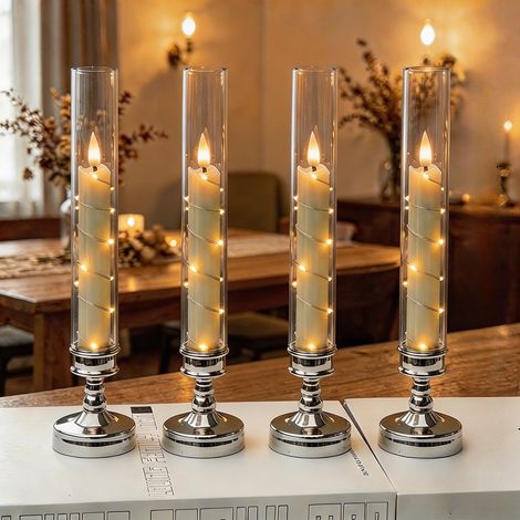 4 Bougies LED Sans Flamme Sans télécommande, Effet Vacillant et Guirlande Lumineuse Étoilée Intégrée, Décoration, Argent (1/5)