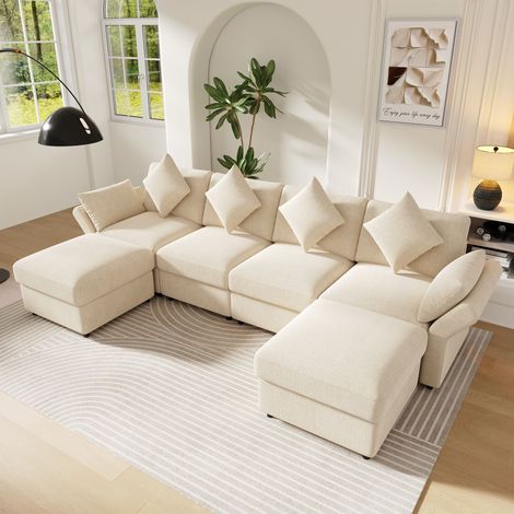 Ecksofa modular Chenille Beige 284x156,5 cm mit 2 Hockern und verstellbaren Armlehnen