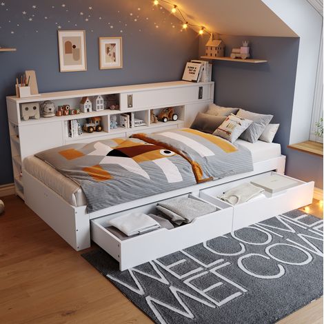 Lit coffre 90x200 avec tiroirs, MDF blanc HAVRYA (1/5)
