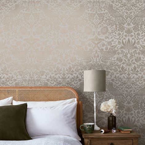 Papier peint intissé William Morris Strawberry Thief Fibrous Neutral 1005 x 52cm Naturel (1/5)