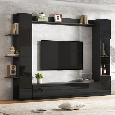 4-teiliges TV-Wandmöbel-Set mit Stauraum und Vitrine, 245 x 30 x 170 cm, Schwarz HAVRYA (1/5)