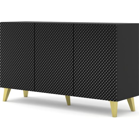 Kommode Ravenna C 150 cm 3D Fräsung Schwarz Hochglanz, Beine Gold