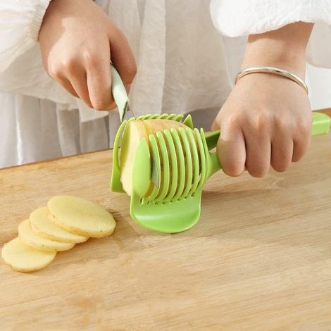 Affettatrice manuale multifunzione per frutta e verdura – Strumento di taglio senza BPA per pomodori, limoni, uova – Accessorio da cucina compatto per fette uniformi, impugnatura antiscivolo (verde) (1/5)