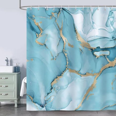 Modern Abstract Turquoise and Gold Marble Shower Curtain, Polyester Fabric, Anti-Mold, Waterproof, Washable, Bathroom Curtain, 180 x 180 cm with 12 Hooks (1/5)