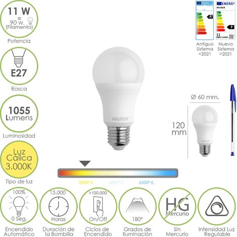 Bombilla Led Estandar Rosca E27. 11 Watt. Equivale A 90 Watt. 1055 Lumenes. Luz Calida (3000º K.) Dimerable