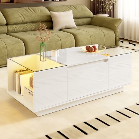 Mesa de centro 105x50x35 cm blanca en tablero de partículas con LED, vidrio templado y 2 cajones (1/5)