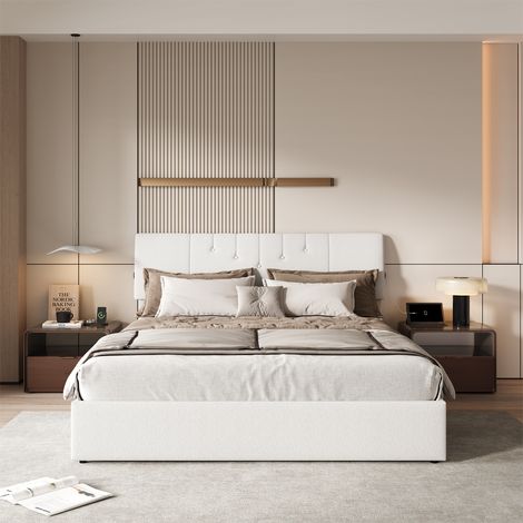 Lit 140x190 cm avec sommier à lattes, lit adulte avec USB et Type C, cadre de lit coffre, tissu en teddy velours, blanc (1/5)