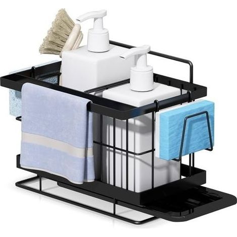 Organisateur Evier Cuisine, Rangement Mural pour Eponge, Brosse, Liquide Vaisselle, Porte Eponge Mural en Acier Inoxydable Noir-20 x 16 x 14 cm (1/5)