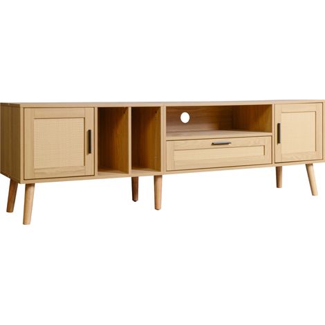 Mueble TV de 180 cm en efecto madera con detalle de ratán, 2 puertas y 1 cajón (1/5)