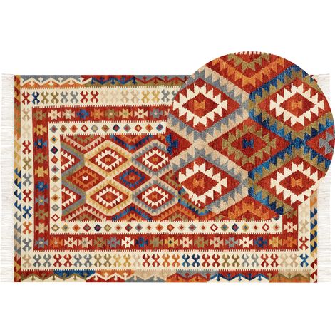Alfombra kilim de lana multicolor 160 x 230 cm a mano geométrico borlas Oshakan