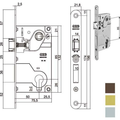 Serrure intérieure en bois, centre E50, bronzée 1024 AGB