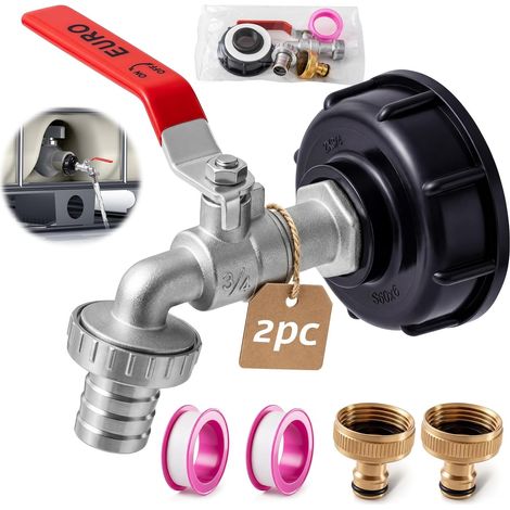 Robinet Cuve 1000l, 3/4" Adaptateur de Réservoir en Alliage d'aluminium,Raccord Cuve 1000 Litres,Robinet de Jardin avec Adaptateur en Laiton,S60X6 IBC Robinet Cuve pour Robinet de Jardin,2PC (1/5)