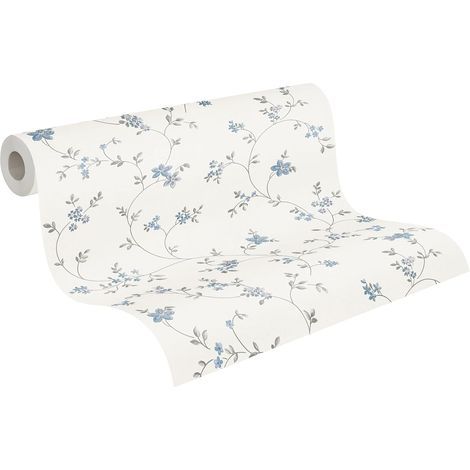 papier peint intissé avec petit motif floral en crème, gris, bleu - papier peint floral style maison de campagne 10,05 m x 0,53 m - 390713 (1/5)