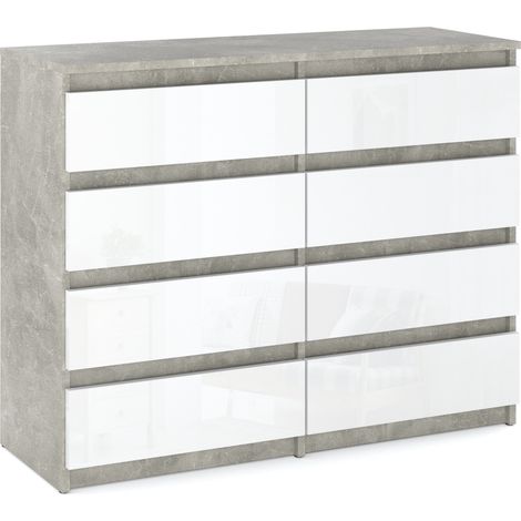 Meuble TV 120 cm – Béton blanc brillant – 8 tiroirs spacieux – Largeur 120 cm – Hauteur 92,5 cm – Panneau laminé (1/5)