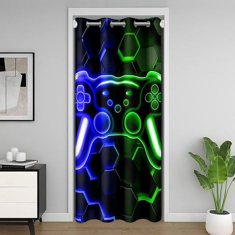 Rideau de Porte Gamer, Rideau Occultant Neon Honeycomb Gaming, Rideaux de Placard Console de Jeux Vidéo, Rideaux Occultant Lumières Hexagonales Bleues Vertes 86 x 203 cm - 86L X 203H cm (1 Panneaux) (1/5)