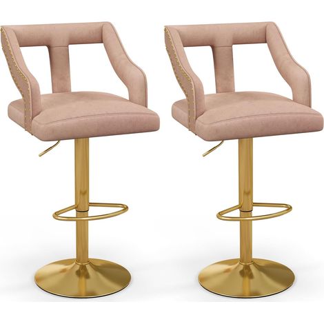 Costway – Lot de 2 tabourets de bar velours pivotants – Hauteur réglable 63-85 cm – Repose-pieds – Cadre métal – Chaise haute bistro rose (1/5)