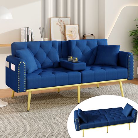 Sofá cama 175x80x73.5 cm azul en terciopelo con respaldo ajustable y portavasos (1/5)