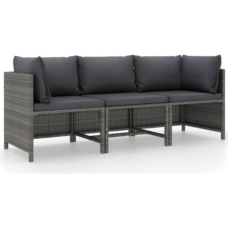 Canapé de jardin à 3 places avec coussins Gris Résine tressée vidaXL