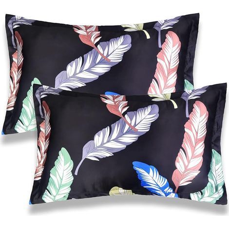 Lot de 2 taies d'oreiller en satin de soie pour les cheveux et la peau, pour grand lit (50 x 76 cm) de taille standard de luxe motif feuille douce et élégante (black) (1/5)