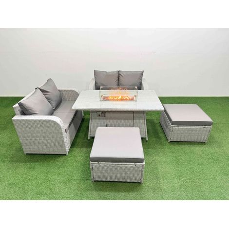Fimous 6 Seater Outdoor Love Sofa Set Rattan Garden Furniture Set with Firepit Dining Table 2 Footstool Light Grey (1/4)