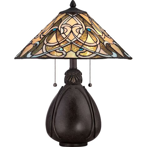 Elstead India - Lampada da tavolo a 2 luci bronzo imperiale, vetro Tiffany, E27
