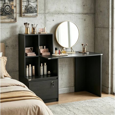 Bureau d’ordinateur 126/50/109 cm noir avec bibliothèque à 4 compartiments et tiroir verrouillable (1/5)