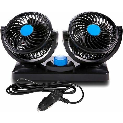 Ventilateur de voiture 12V silencieux à doubles têtes rotatives – 360 degrés ajustable – 2 vitesses – Base adhésive pour montage facile (1/5)