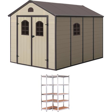 Pack Gartenhaus aus Harz Gardiun Alessia 8,82 m² 366x241x238 cm und 2 Metallregale im Kit CATTERHOUSE Max Pro 90x40x180 cm (1/5)