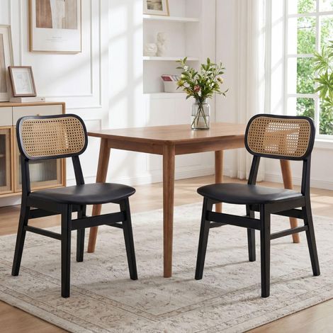 Wahson Juego de 2 Sillas de Comedor de Madera con Asiento Tapizado y Respaldo de Ratán, Sillas Modernas para Cocina y Salón, Negro (1/5)