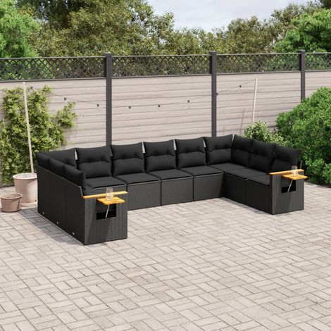 Ensemble Salon Jardin 10 Places Résine Tressée Noir avec Coussins - Meuble Extérieur Modulaire (1/5)