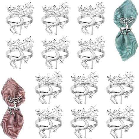 12 Pièces Rond de Serviette Noel,12 Pièces Renne Rond de Serviette Noel, pour Noel Decoration Table, Fête, Mariage, Thanksgiving (Argent) (1/5)