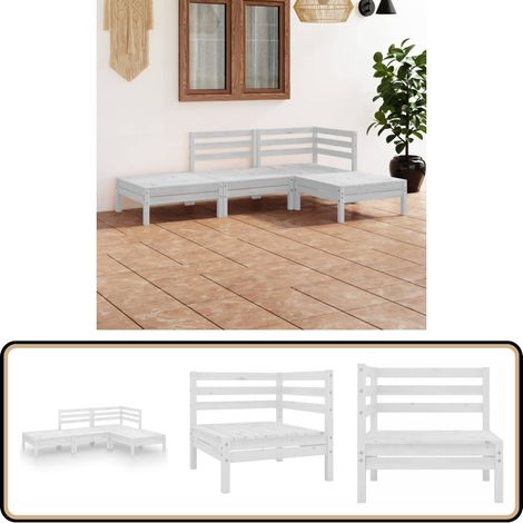 4-tlg. Garten-Lounge-Set Weiß Massivholz Kiefer - Gartenmöbeln - Loungesessel - Gartenloungeset - Rattan Möbel - Outdoor Furniture
