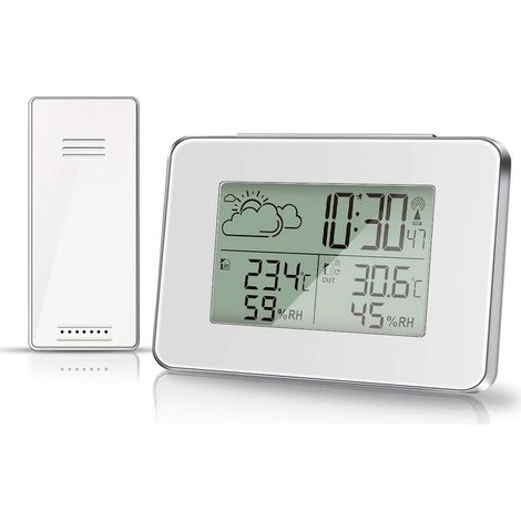 Station météo sans fil, thermomètre et hygromètre intérieur/extérieur avec capteur extérieur, écran LCD, moniteur numérique de température et d'humidité avec rétroéclairage (blanc) (1/5)