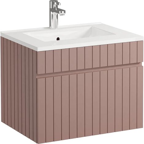 Vente-Unique – Meuble de salle de bain suspendu rose poudré avec vasque à encastrer – 60 cm – MDF rainuré – 1 tiroir soft close – Éco-responsable (1/5)