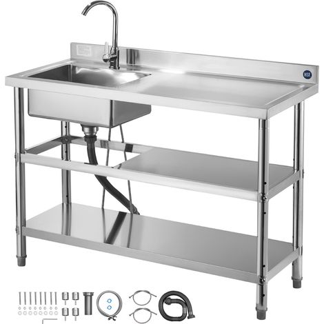 Mophorn Évier utilitaire en acier inoxydable pour cuisine, robinet, tuyaux pour eau chaude et froide, et 2 étagères pratiques, idéal pour garage, restaurant ou buanderie, dimensions 120x50x94 cm (1/5)