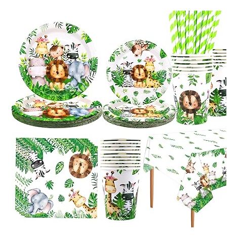 Safari Jungle Anniversaire Vaisselle Ensemble - Wild One 1er Anniversaire Décorations - Assiettes de dîner Assiettes de desserts Tasses Nappe Pailles pour fête motif animal, Services (1/5)