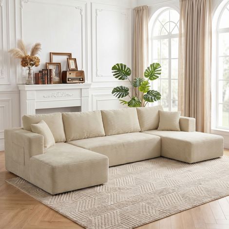 Canapé Modulaire en U Compressé 337 cm, Canapé Convertible 4 places en Velours Côtelé, Assise Large, Crème (1/5)