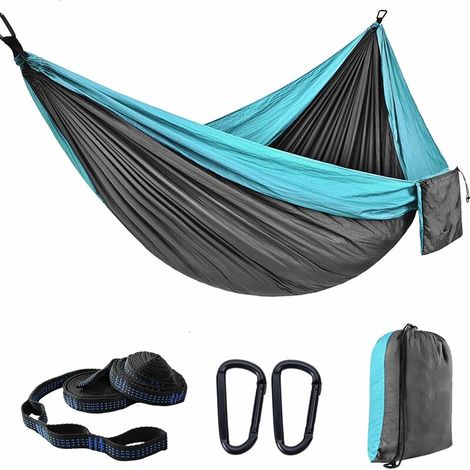 Hamac Jardin Exterieur Voyage Ultraléger Double Couche Durable en Parachute Nylon Max Payload 300KG270x140cm 2 Mousquetons2 SanglesHamac de Camping Randonnée Trekking (Bleu)