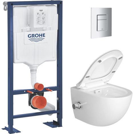 Grohe Pack WC Bâti autoportant Solido + WC sans bride SAT fonction bidet thermostatique + Plaque chrome