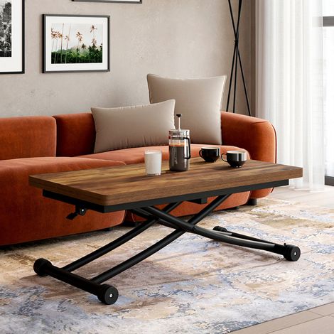 Mesa de centro URBANA, convertible en mesa de comedor, de madera oscura con efecto envejecido y negra, diseño industrial