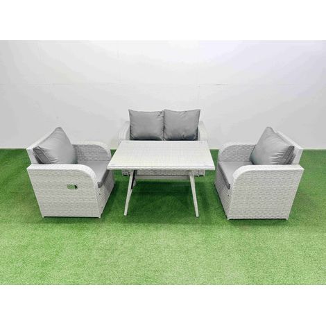 Fimous Light Grey PE Wicker Rattan Garden Furniture Set Sofa Set Reclining Chair Love Sofa Rectangular Dining Table (1/4)