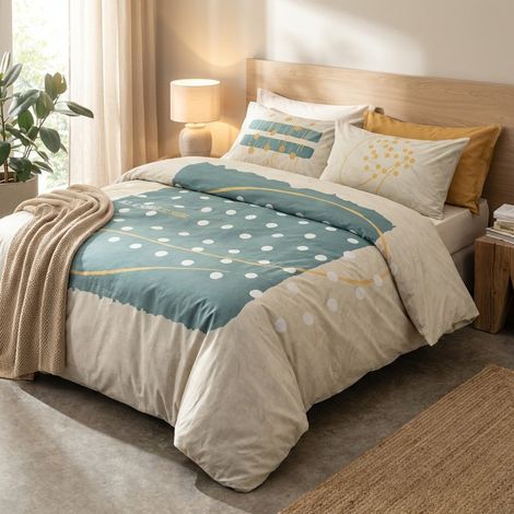 Ensemble housse de couette double coton Made in Italy Flower Power - Blanc cassé (1/2)