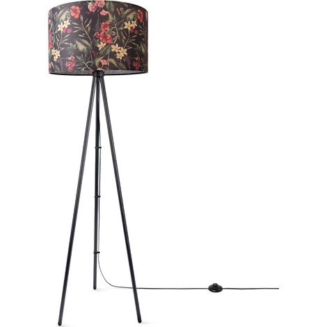 Paco Home Stehlampe Wohnzimmer Deko Büro Dreibein Lampenschirm Rund Stoff Blumen Jungle Design 5 (Ø45,5 cm), Stehleuchte Dreinbein - Schwarz